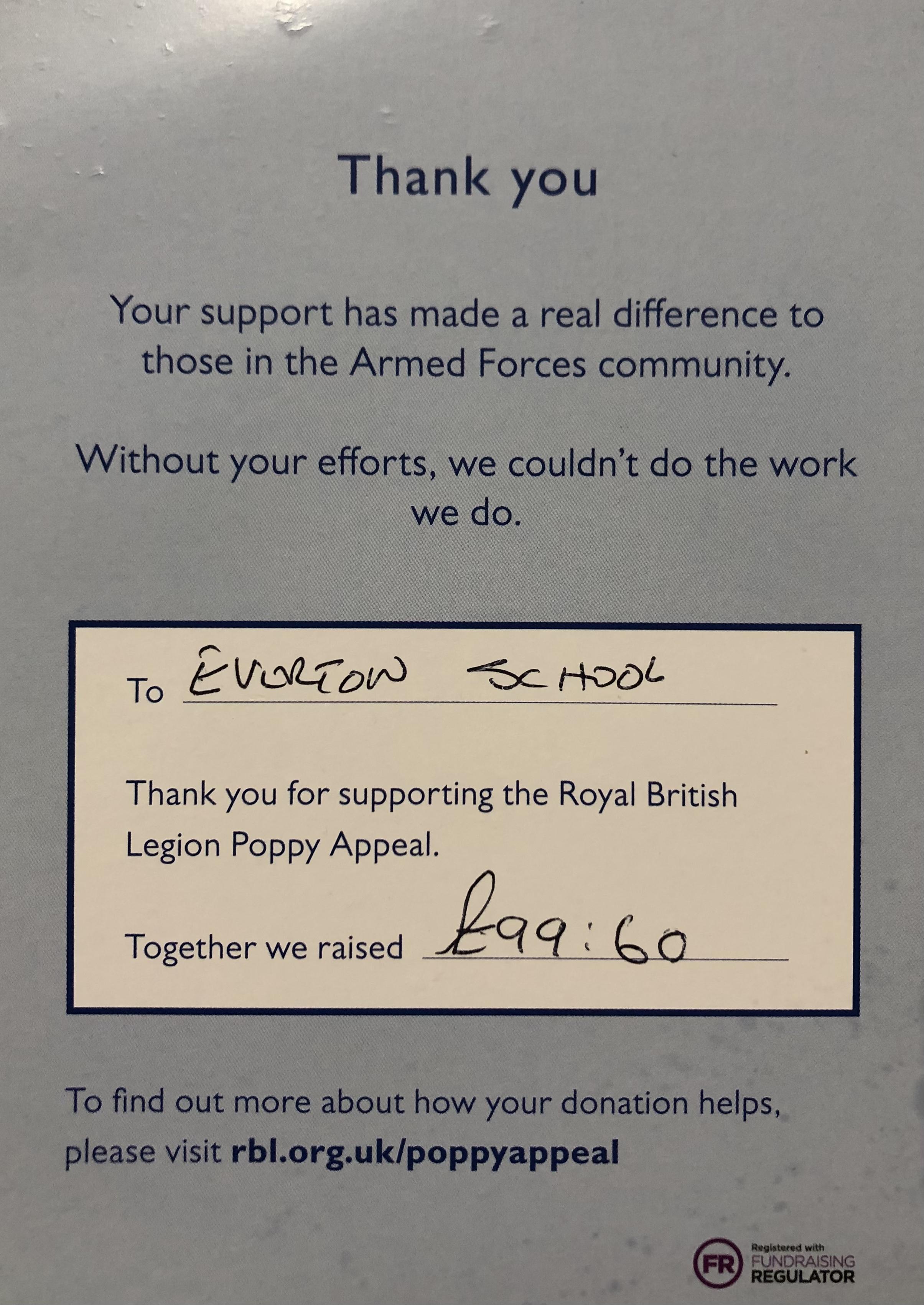 Thank you for your support of the Royal British Legion Poppy Appeal.